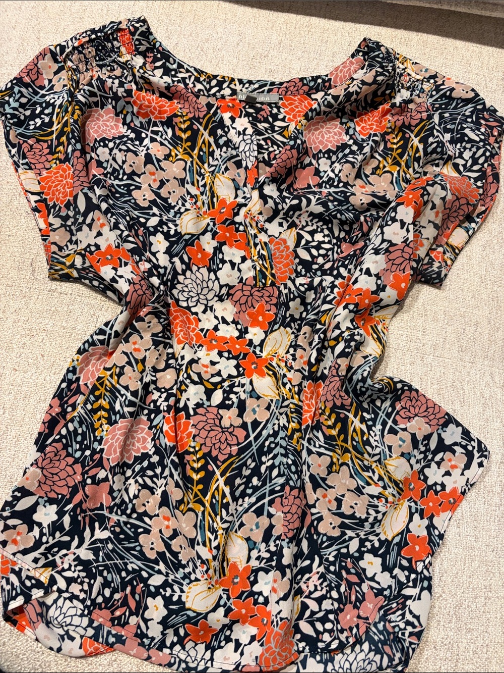 Daniel Rainn Navy Floral Blouse with Coral, Blush & Mustard Accents